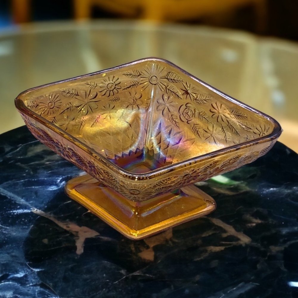 Marigold/Amber Carnival/Indiana Glass Iridescent Dish Diamond Shaped Pedestal
